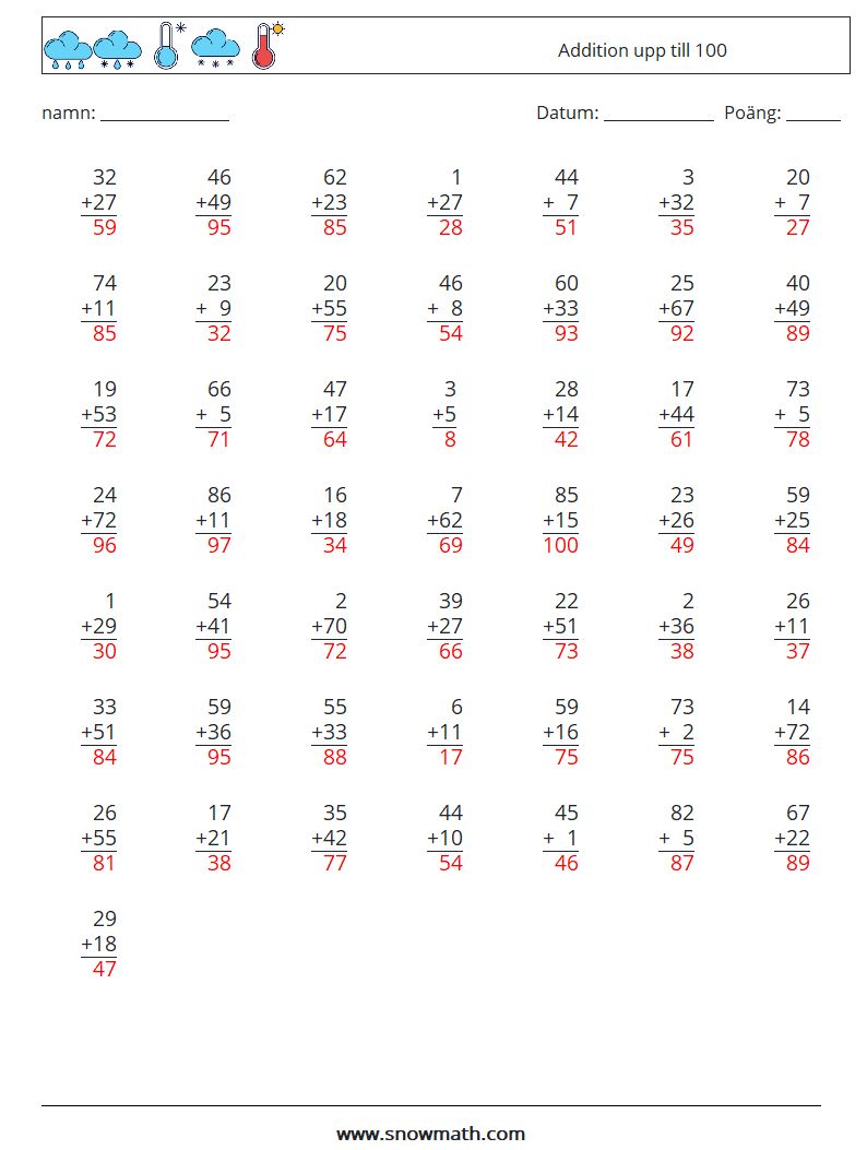 (50) Addition upp till 100 Matematiska arbetsblad 9 Fråga, svar