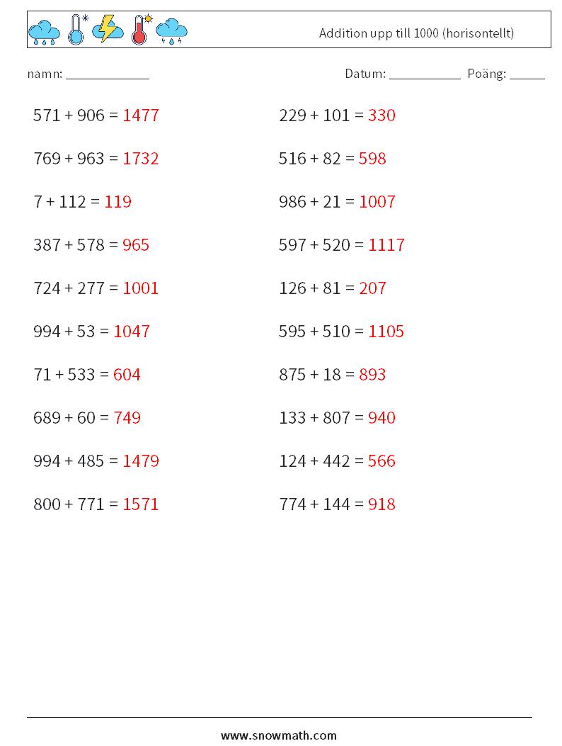 (20) Addition upp till 1000 (horisontellt) Matematiska arbetsblad 1 Fråga, svar