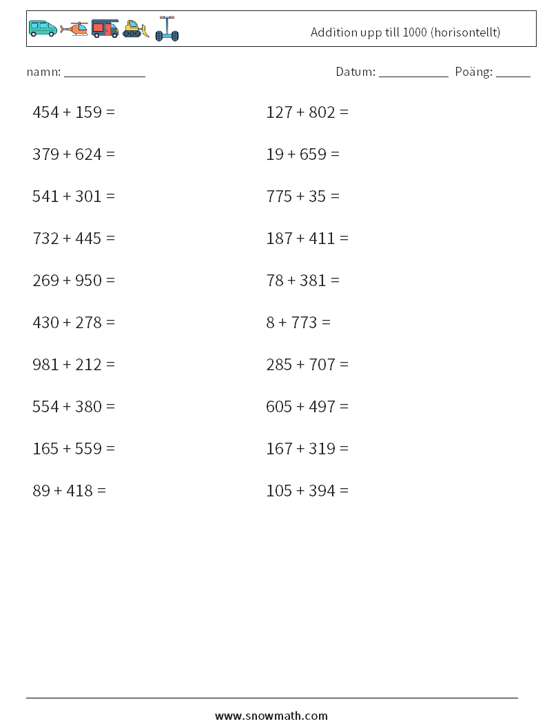(20) Addition upp till 1000 (horisontellt) Matematiska arbetsblad 2