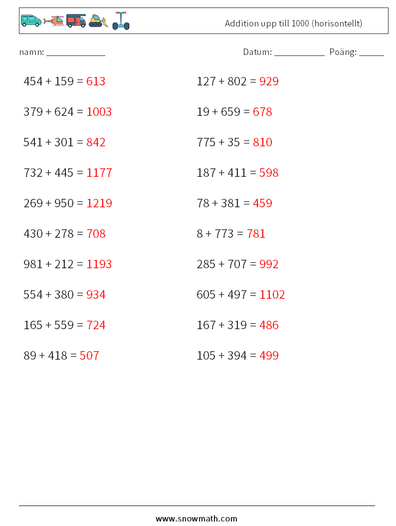 (20) Addition upp till 1000 (horisontellt) Matematiska arbetsblad 2 Fråga, svar