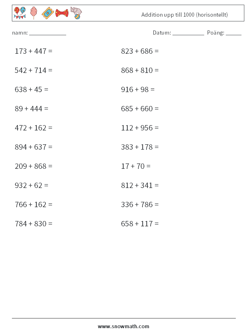 (20) Addition upp till 1000 (horisontellt) Matematiska arbetsblad 3