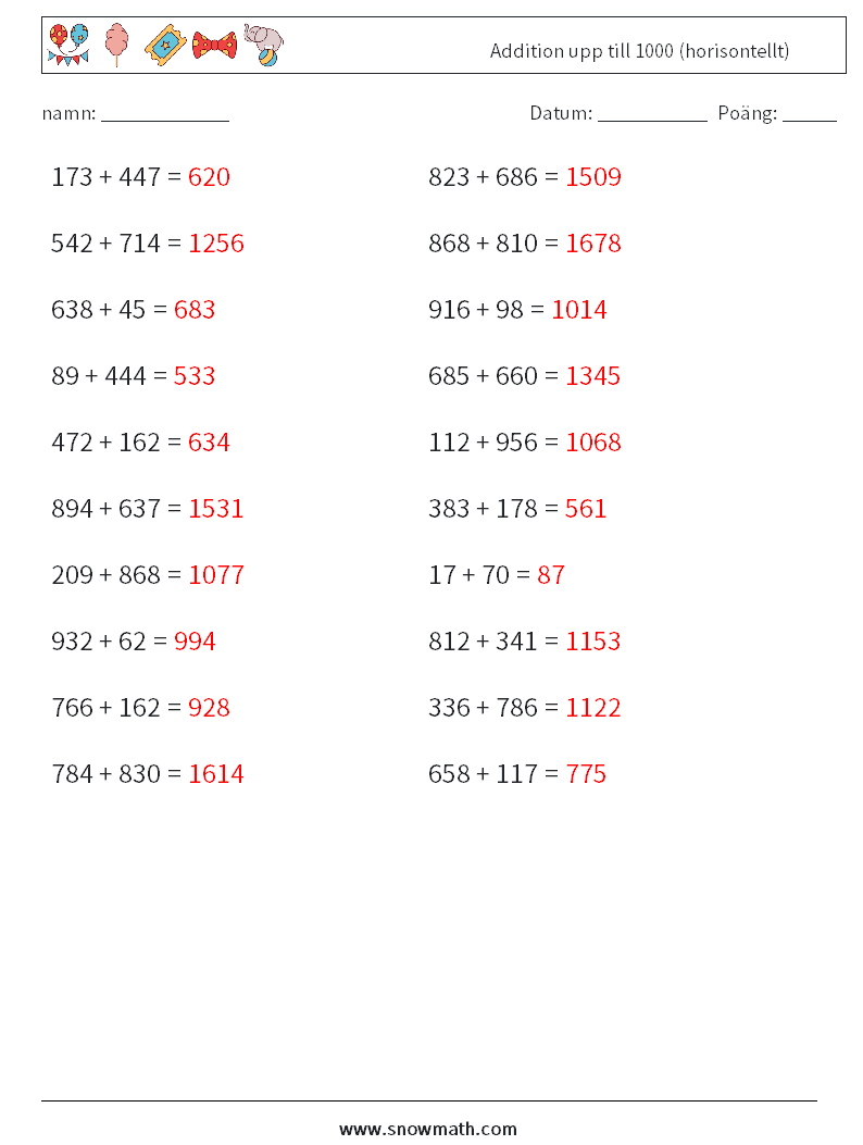 (20) Addition upp till 1000 (horisontellt) Matematiska arbetsblad 3 Fråga, svar