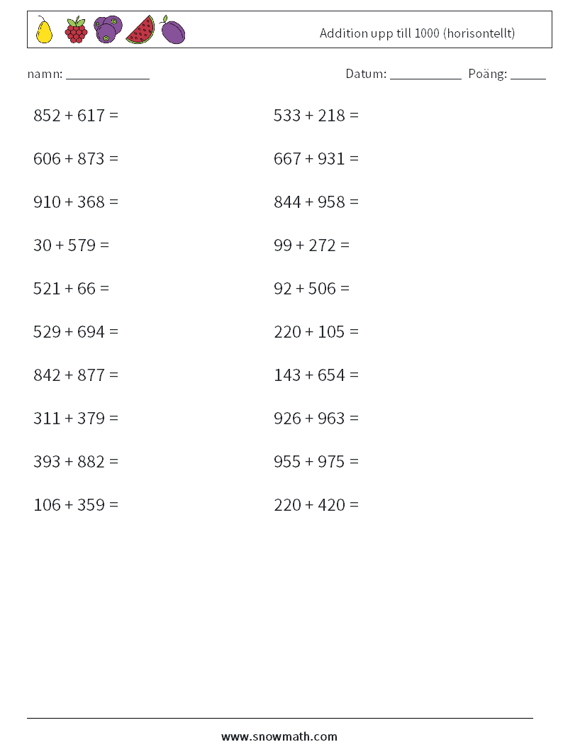 (20) Addition upp till 1000 (horisontellt) Matematiska arbetsblad 4