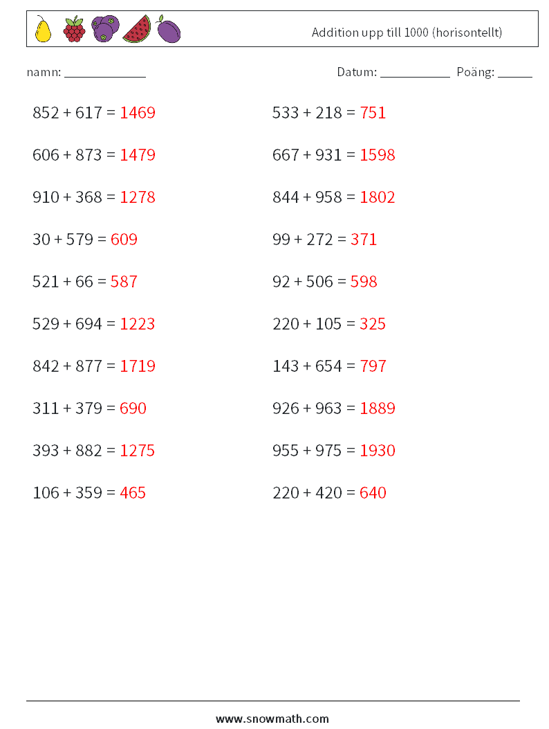 (20) Addition upp till 1000 (horisontellt) Matematiska arbetsblad 4 Fråga, svar