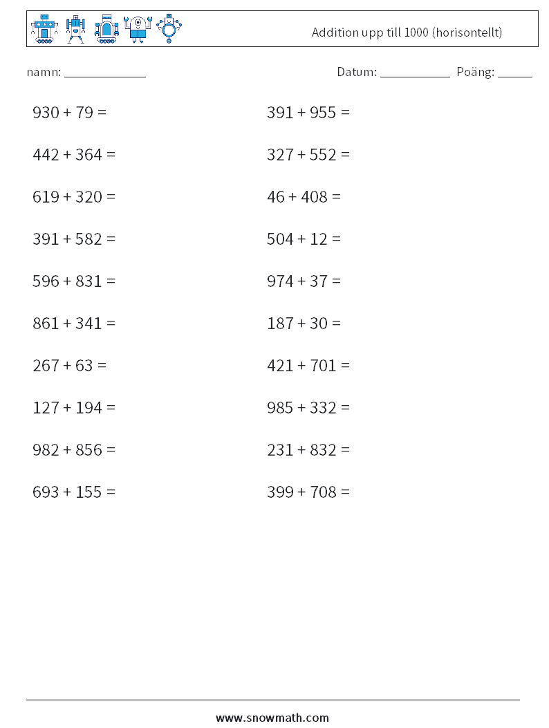 (20) Addition upp till 1000 (horisontellt) Matematiska arbetsblad 5