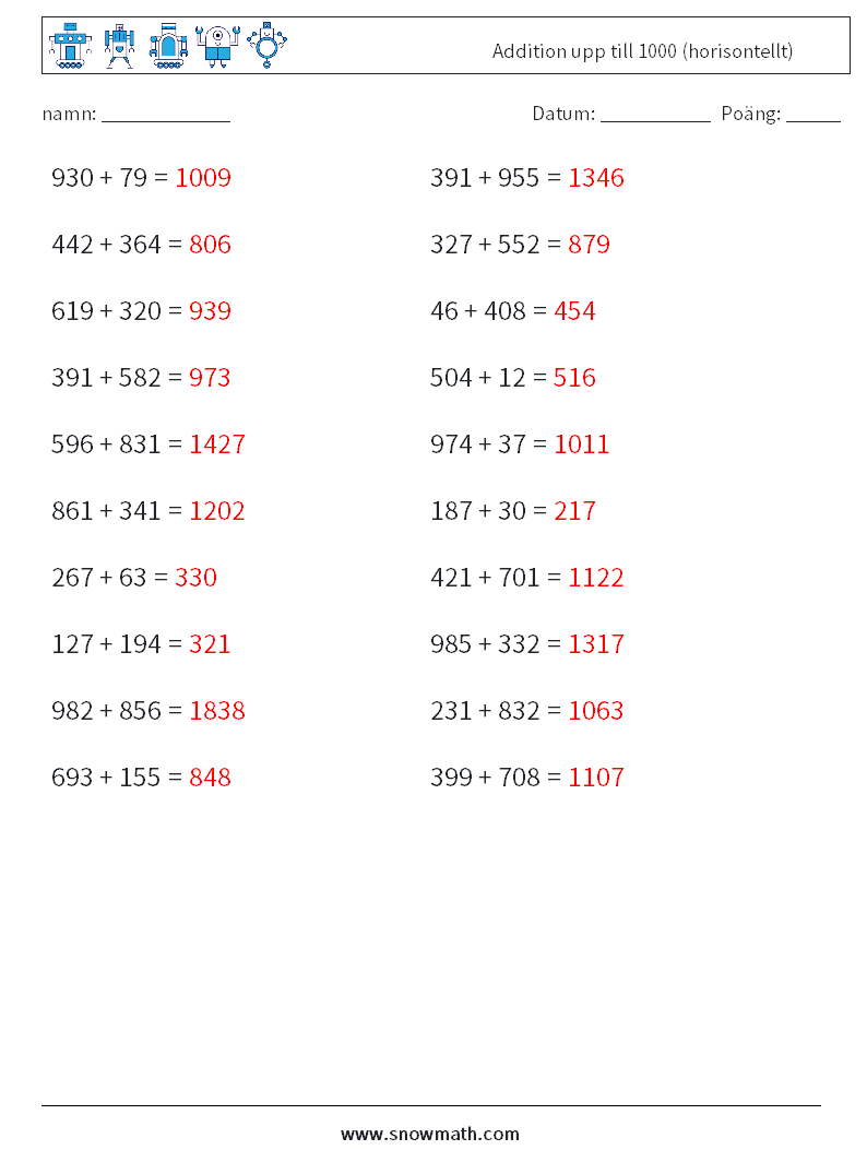 (20) Addition upp till 1000 (horisontellt) Matematiska arbetsblad 5 Fråga, svar