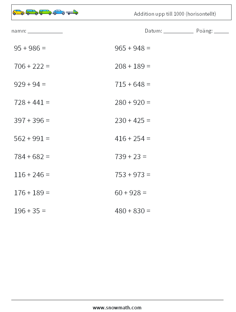 (20) Addition upp till 1000 (horisontellt) Matematiska arbetsblad 6