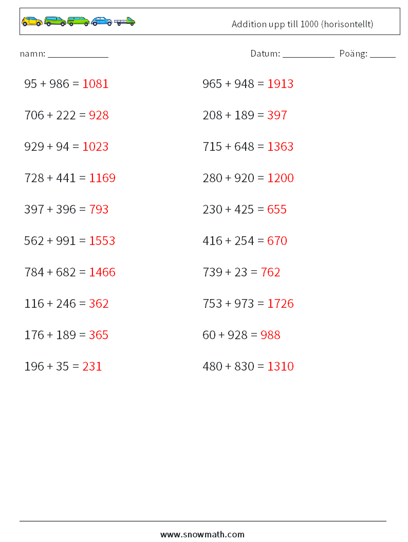 (20) Addition upp till 1000 (horisontellt) Matematiska arbetsblad 6 Fråga, svar