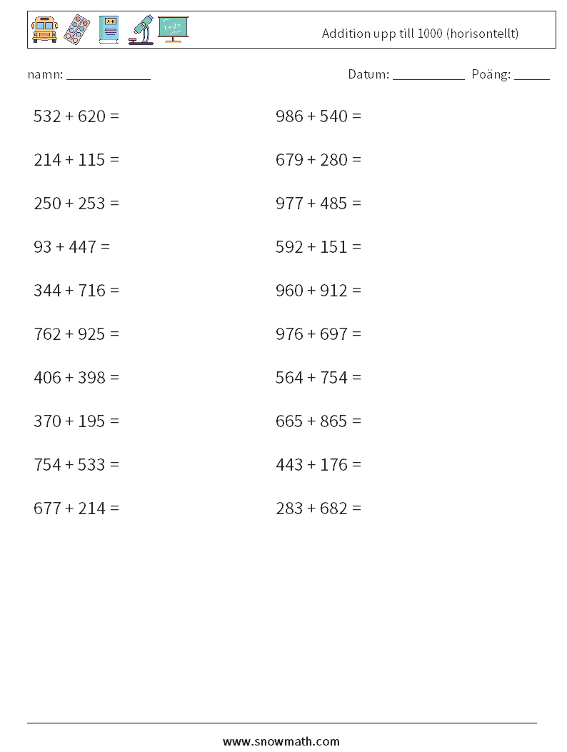 (20) Addition upp till 1000 (horisontellt) Matematiska arbetsblad 7