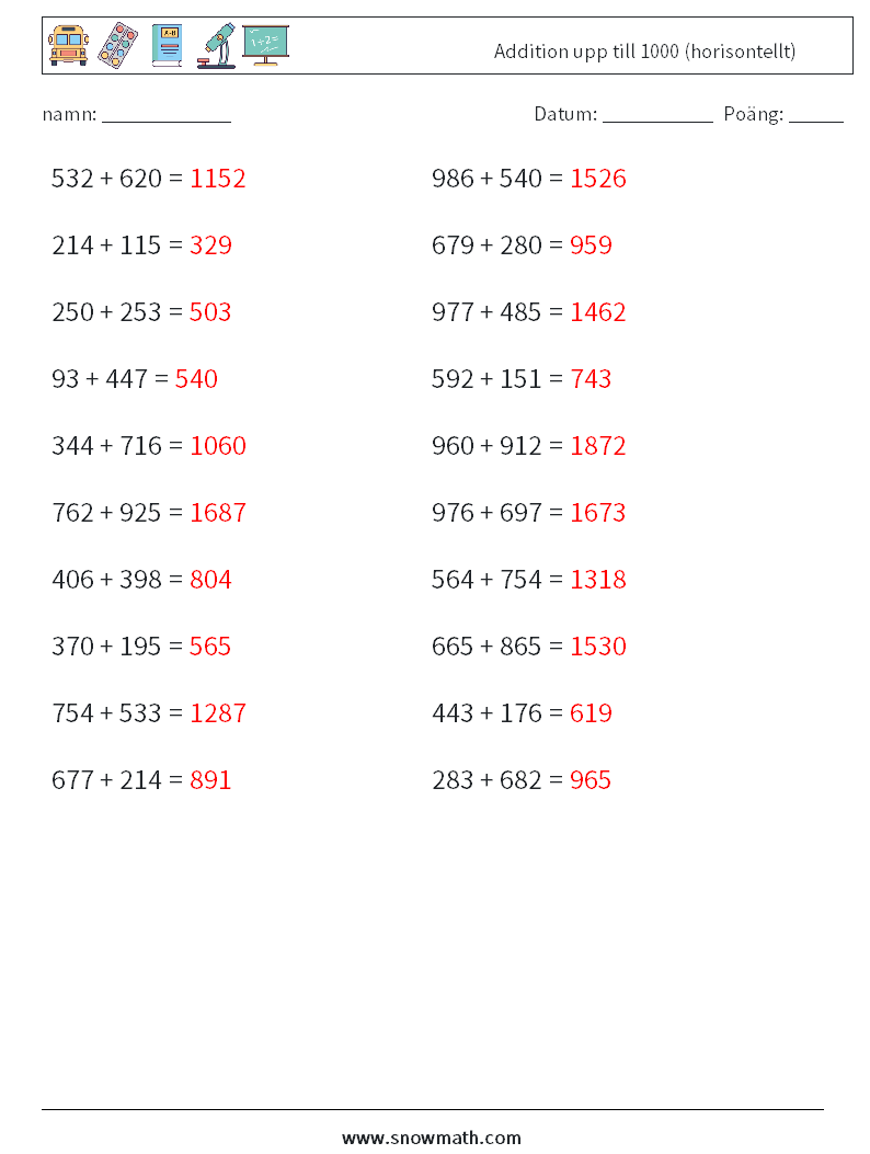 (20) Addition upp till 1000 (horisontellt) Matematiska arbetsblad 7 Fråga, svar