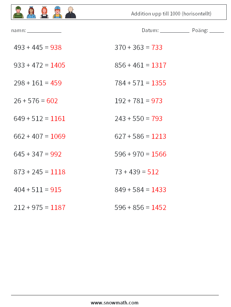 (20) Addition upp till 1000 (horisontellt) Matematiska arbetsblad 8 Fråga, svar