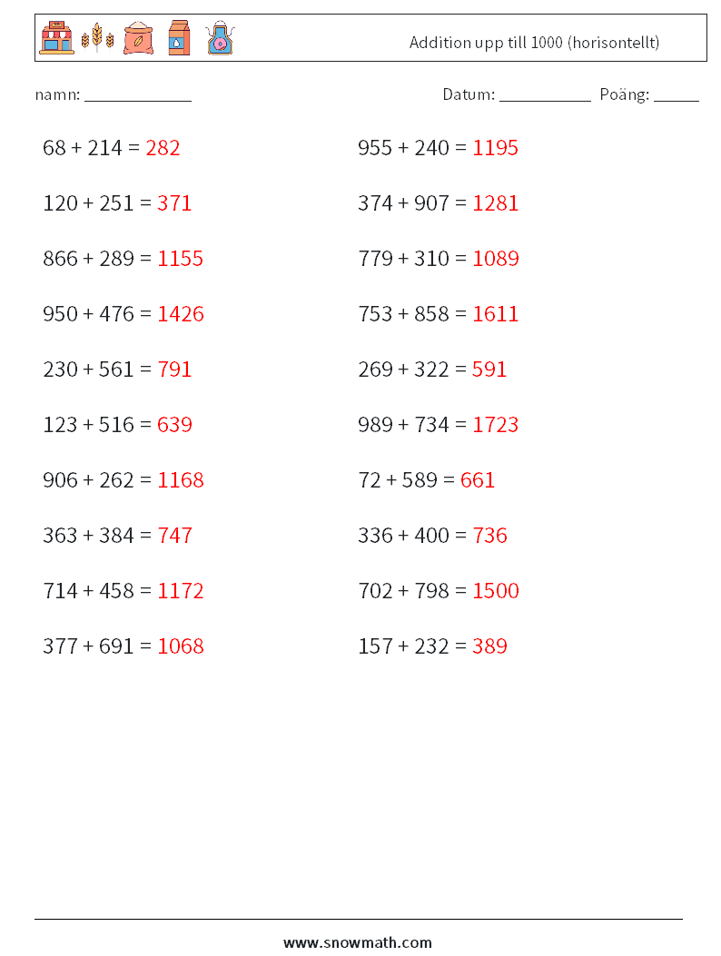 (20) Addition upp till 1000 (horisontellt) Matematiska arbetsblad 9 Fråga, svar