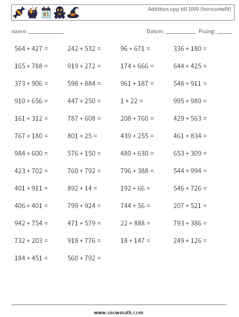 (50) Addition upp till 1000 (horisontellt) Matematiska arbetsblad 1