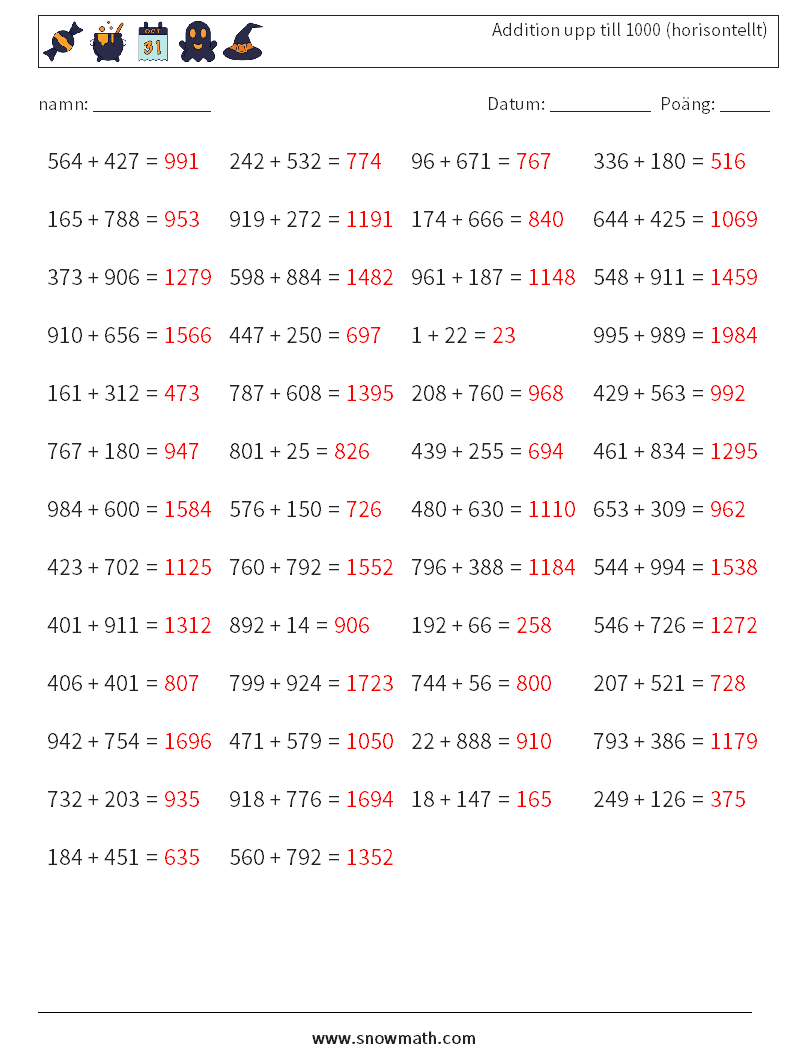 (50) Addition upp till 1000 (horisontellt) Matematiska arbetsblad 1 Fråga, svar