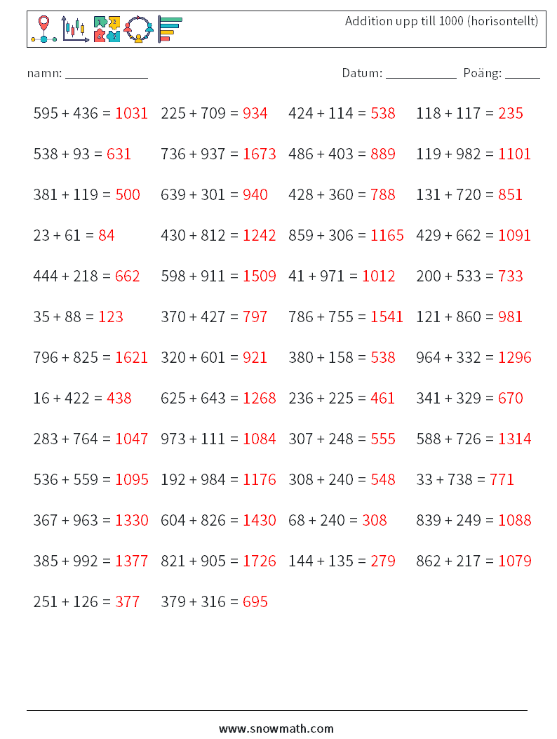 (50) Addition upp till 1000 (horisontellt) Matematiska arbetsblad 2 Fråga, svar