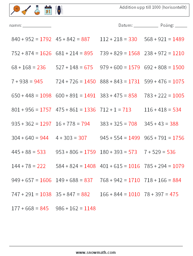 (50) Addition upp till 1000 (horisontellt) Matematiska arbetsblad 3 Fråga, svar