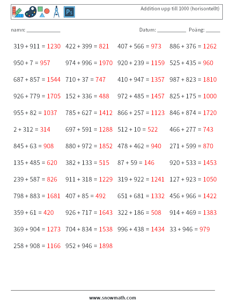 (50) Addition upp till 1000 (horisontellt) Matematiska arbetsblad 4 Fråga, svar