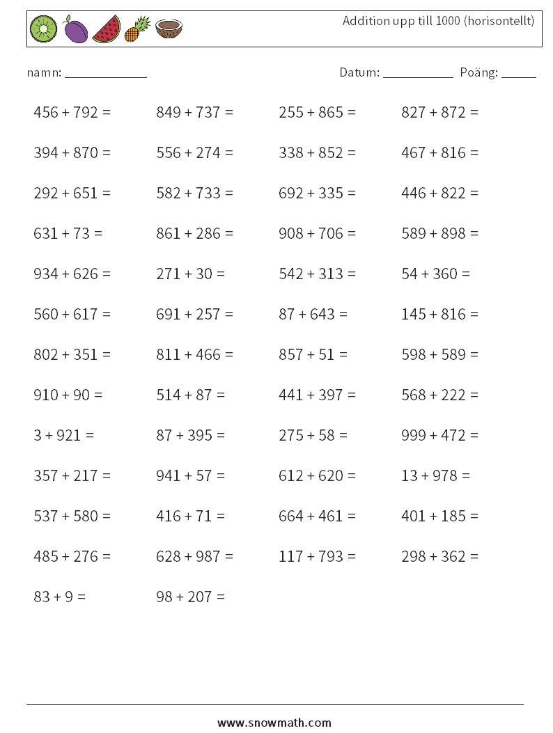 (50) Addition upp till 1000 (horisontellt) Matematiska arbetsblad 5