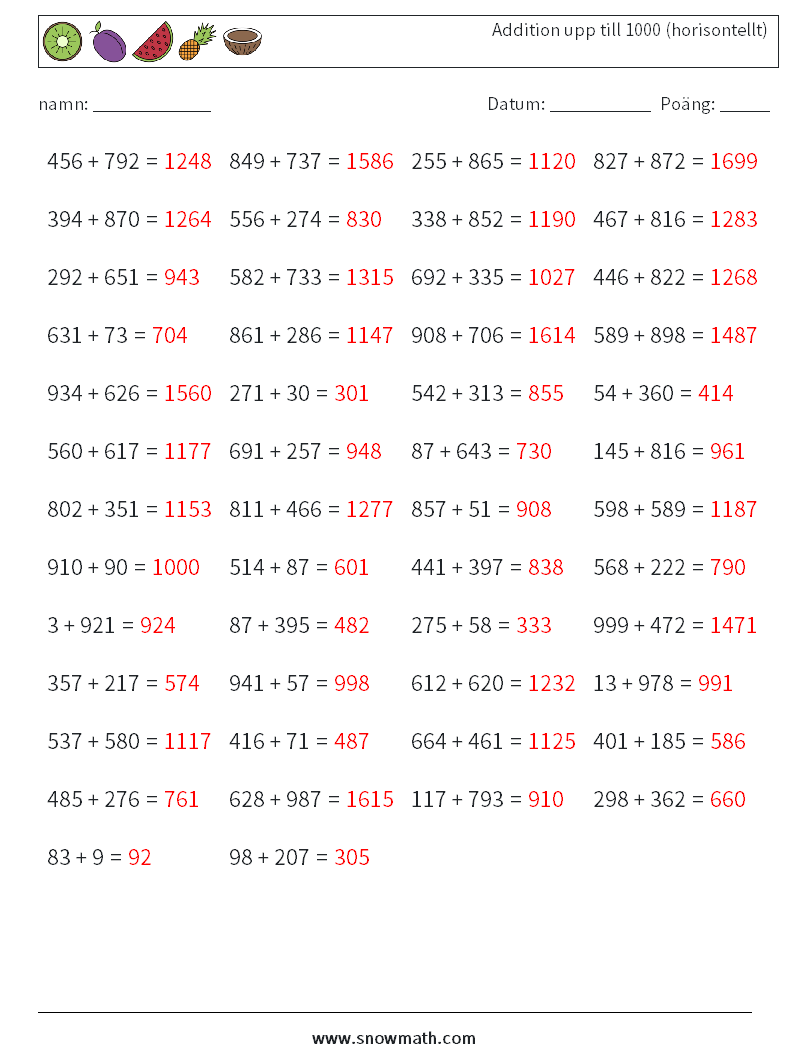 (50) Addition upp till 1000 (horisontellt) Matematiska arbetsblad 5 Fråga, svar