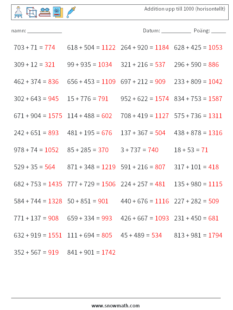 (50) Addition upp till 1000 (horisontellt) Matematiska arbetsblad 6 Fråga, svar