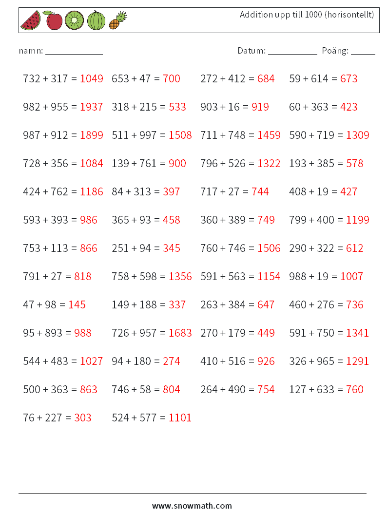 (50) Addition upp till 1000 (horisontellt) Matematiska arbetsblad 7 Fråga, svar