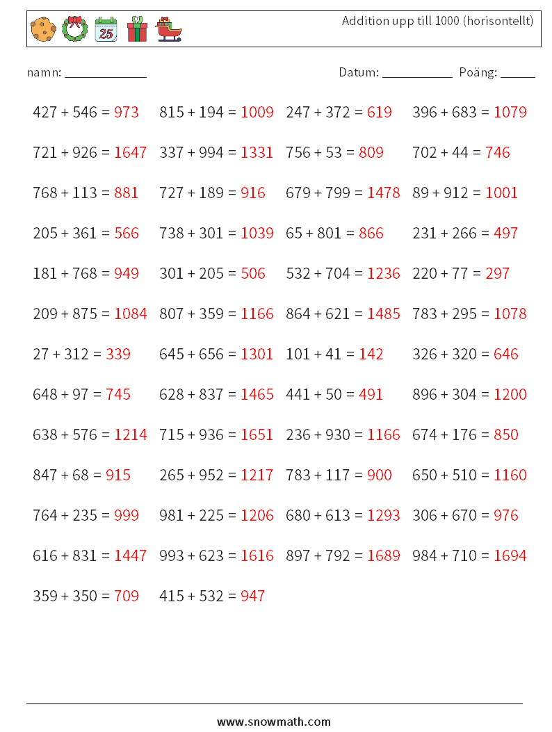 (50) Addition upp till 1000 (horisontellt) Matematiska arbetsblad 8 Fråga, svar