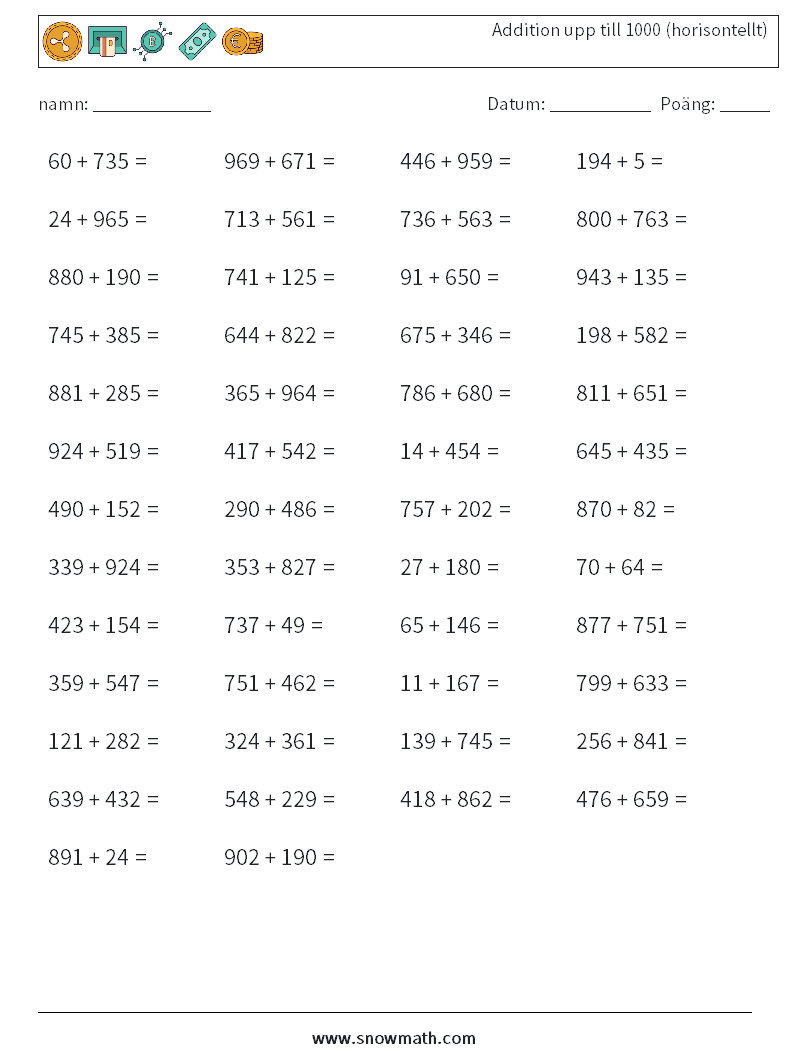 (50) Addition upp till 1000 (horisontellt) Matematiska arbetsblad 9