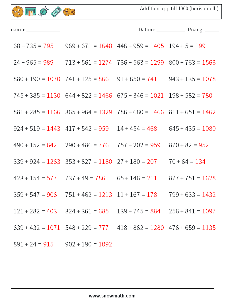 (50) Addition upp till 1000 (horisontellt) Matematiska arbetsblad 9 Fråga, svar