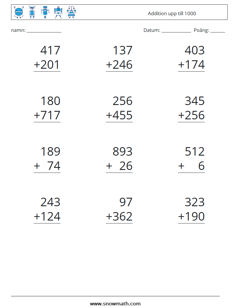 (12) Addition upp till 1000 Matematiska arbetsblad 10