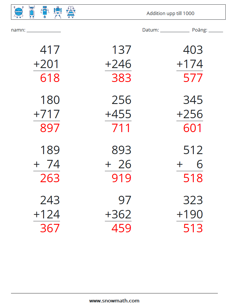 (12) Addition upp till 1000 Matematiska arbetsblad 10 Fråga, svar