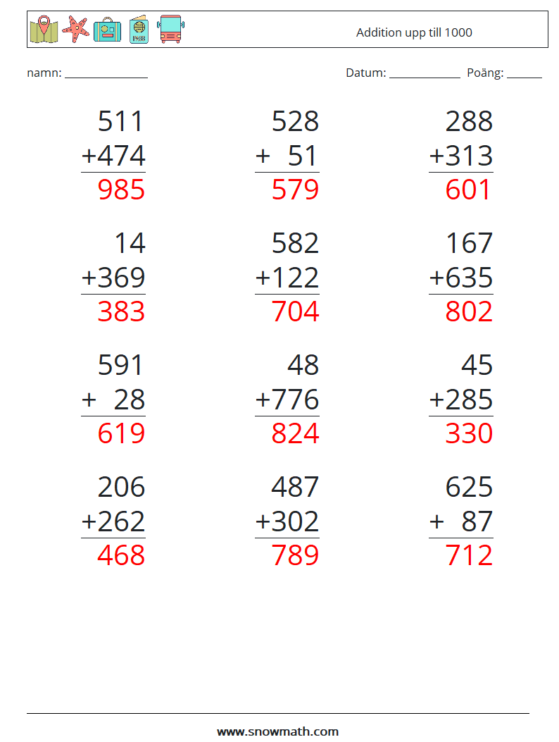 (12) Addition upp till 1000 Matematiska arbetsblad 11 Fråga, svar