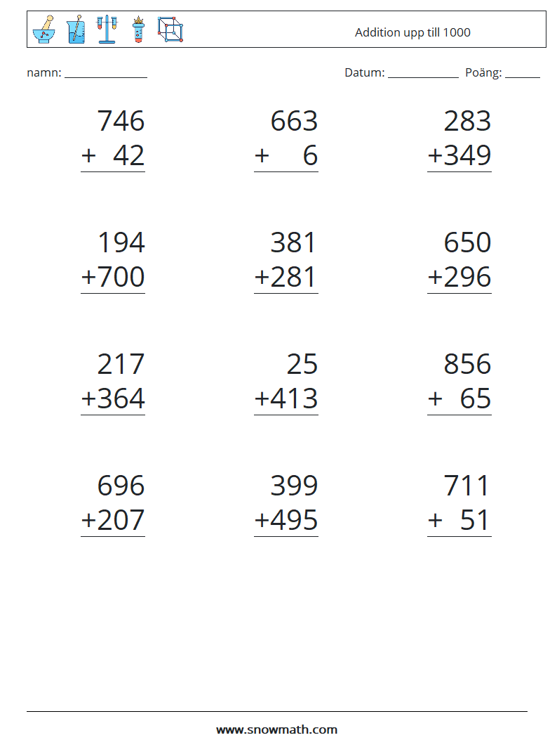 (12) Addition upp till 1000 Matematiska arbetsblad 12