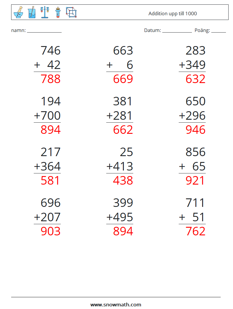 (12) Addition upp till 1000 Matematiska arbetsblad 12 Fråga, svar