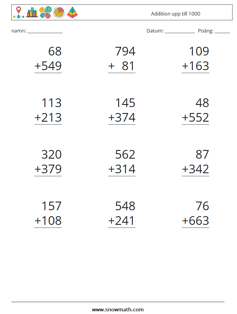 (12) Addition upp till 1000 Matematiska arbetsblad 13