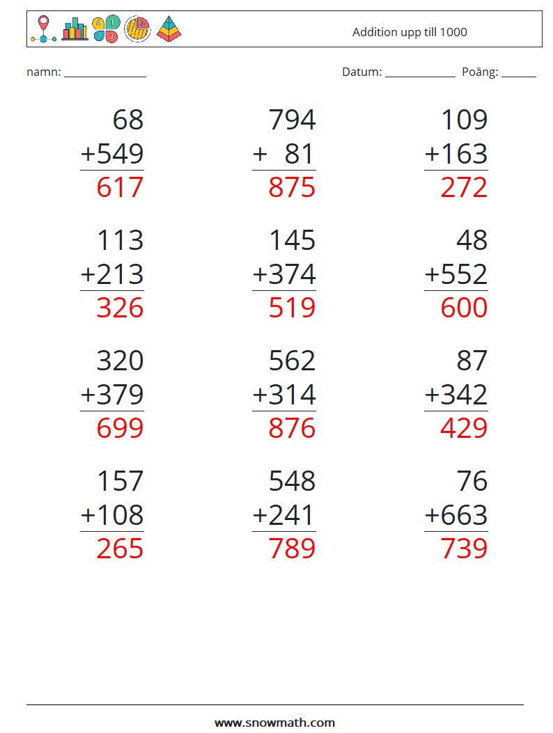 (12) Addition upp till 1000 Matematiska arbetsblad 13 Fråga, svar