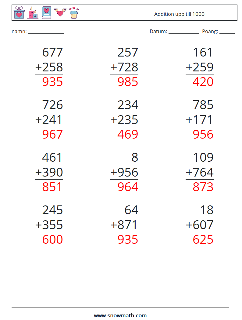 (12) Addition upp till 1000 Matematiska arbetsblad 14 Fråga, svar