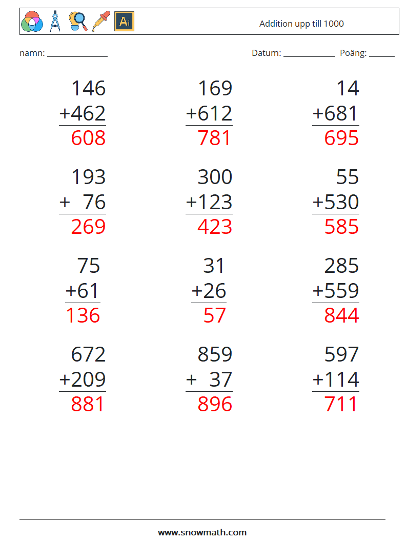 (12) Addition upp till 1000 Matematiska arbetsblad 15 Fråga, svar