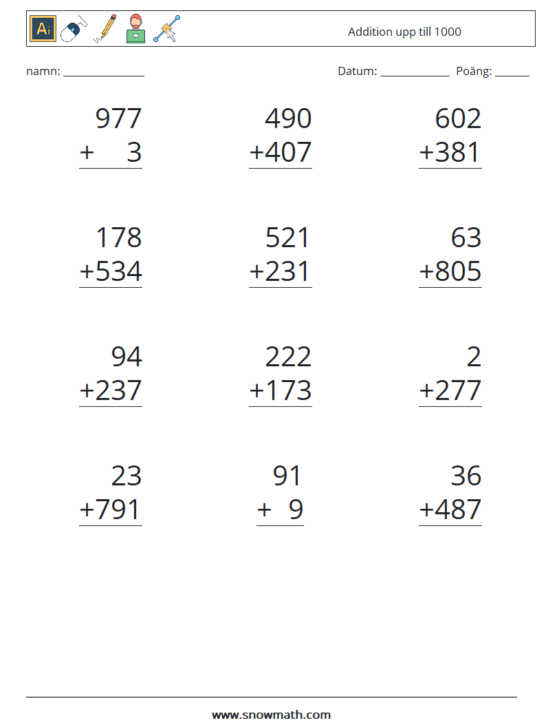 (12) Addition upp till 1000 Matematiska arbetsblad 16