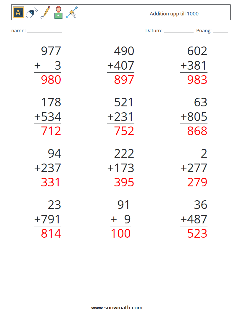 (12) Addition upp till 1000 Matematiska arbetsblad 16 Fråga, svar