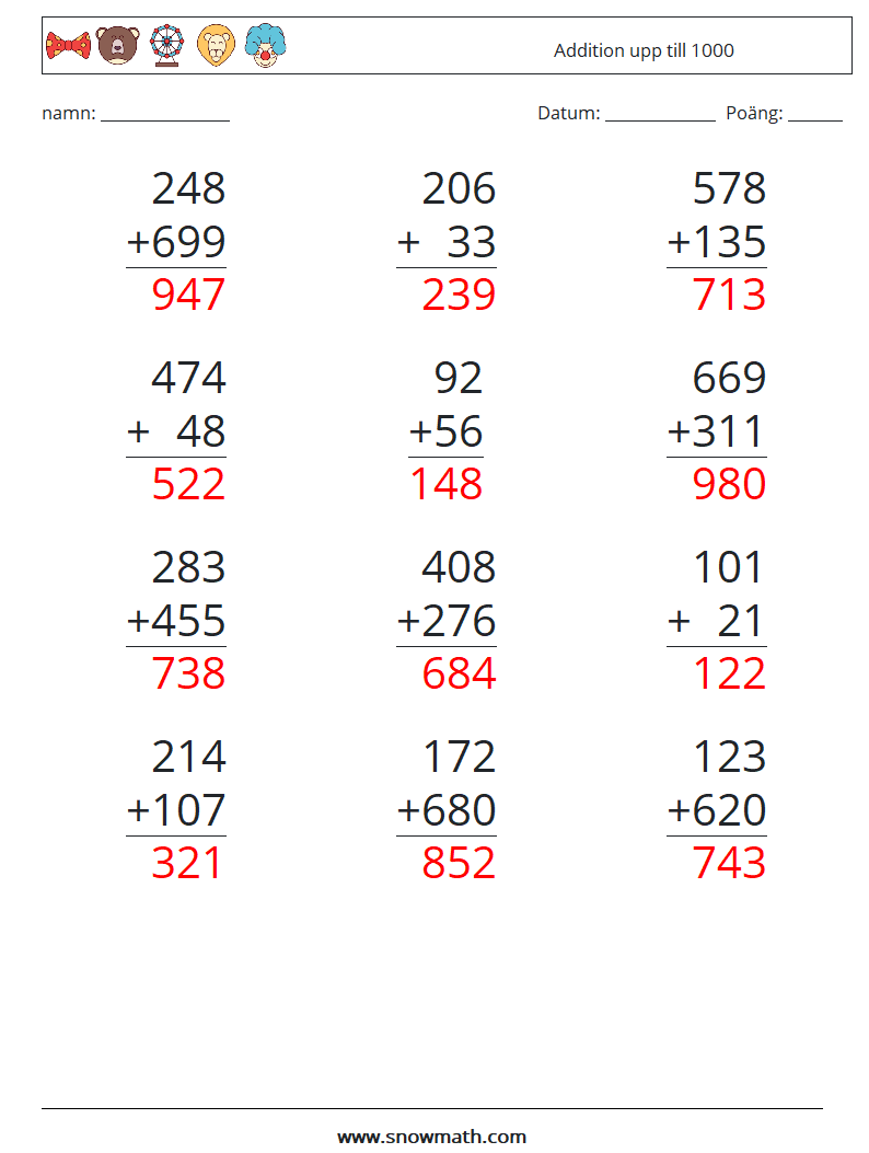 (12) Addition upp till 1000 Matematiska arbetsblad 17 Fråga, svar