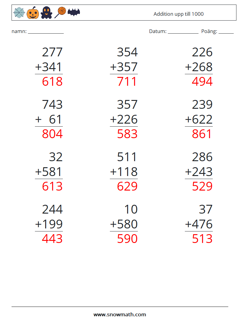 (12) Addition upp till 1000 Matematiska arbetsblad 18 Fråga, svar