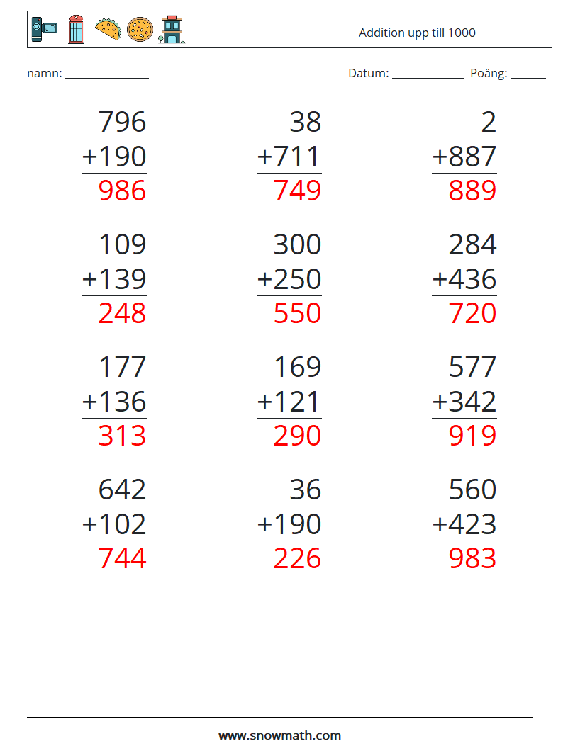 (12) Addition upp till 1000 Matematiska arbetsblad 1 Fråga, svar