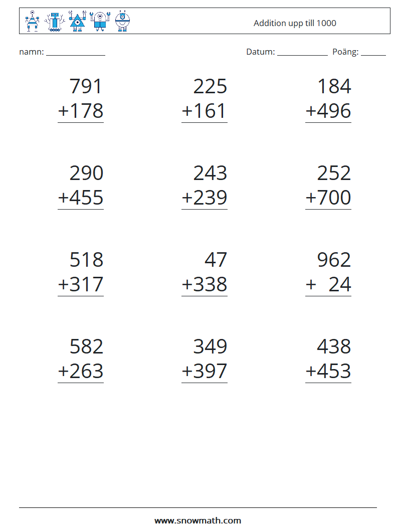 (12) Addition upp till 1000 Matematiska arbetsblad 2