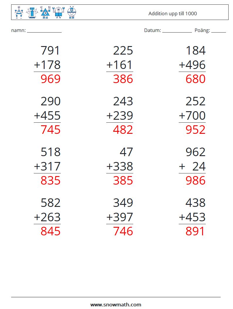 (12) Addition upp till 1000 Matematiska arbetsblad 2 Fråga, svar