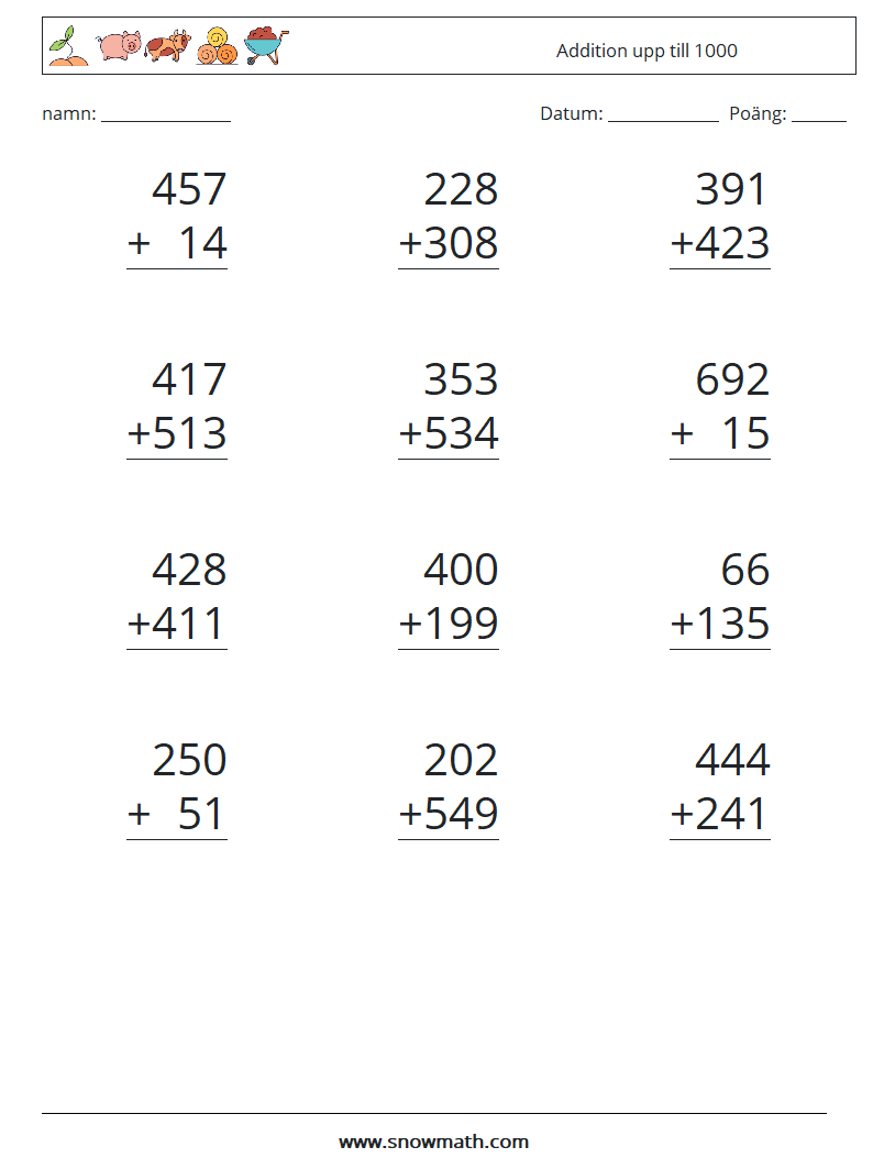 (12) Addition upp till 1000 Matematiska arbetsblad 3