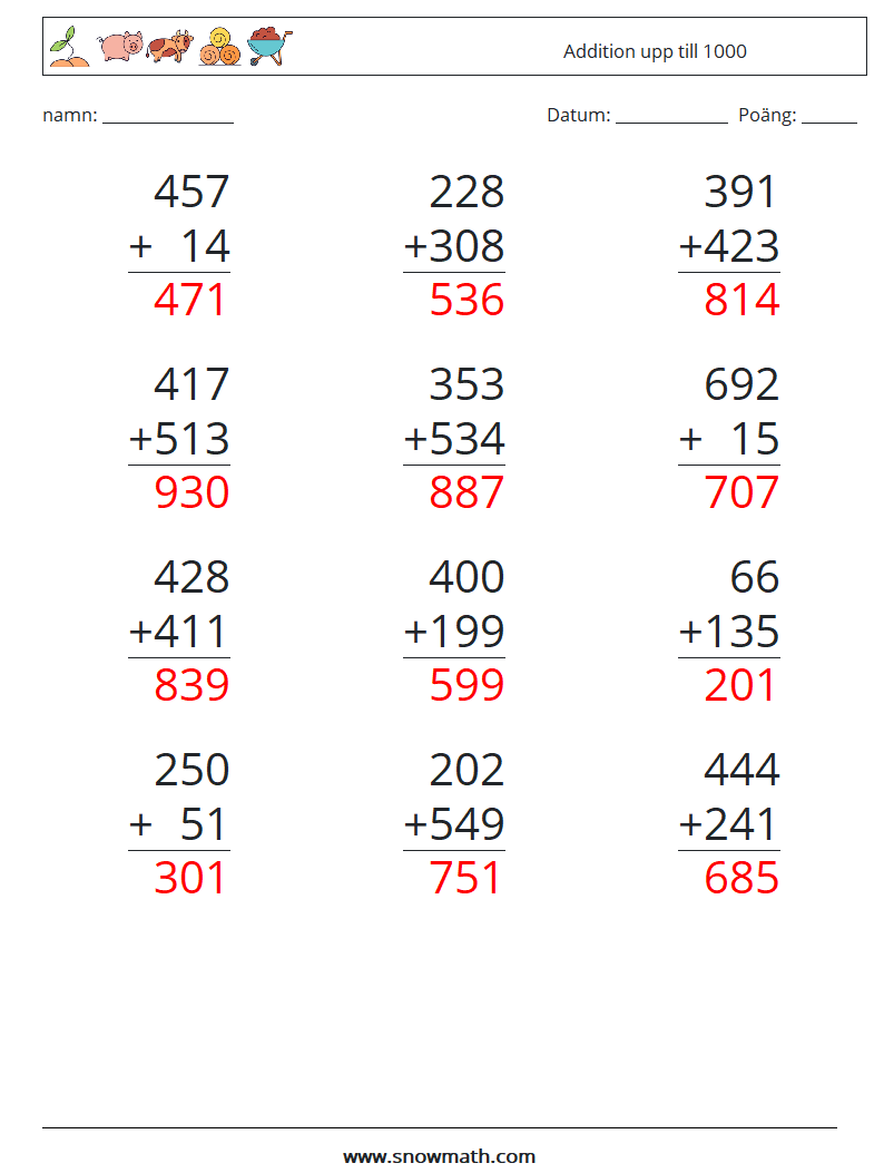 (12) Addition upp till 1000 Matematiska arbetsblad 3 Fråga, svar