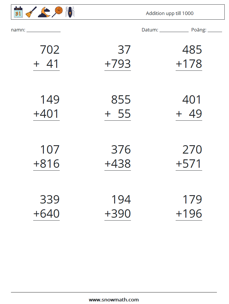 (12) Addition upp till 1000 Matematiska arbetsblad 4