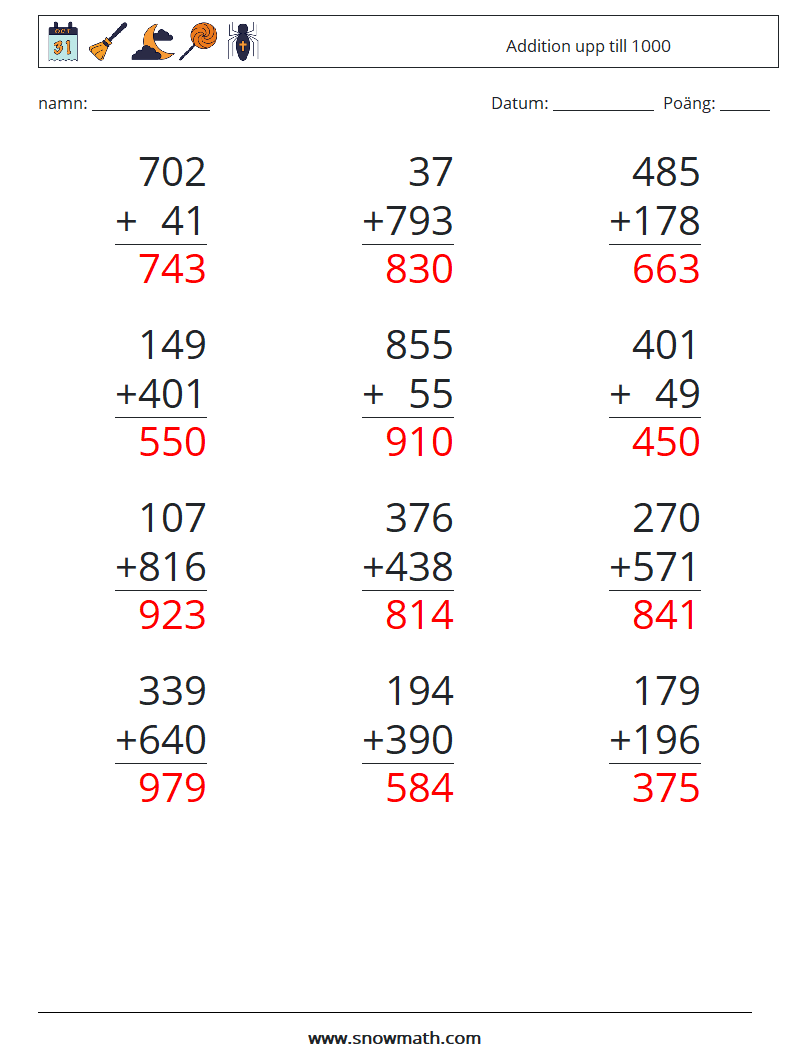 (12) Addition upp till 1000 Matematiska arbetsblad 4 Fråga, svar