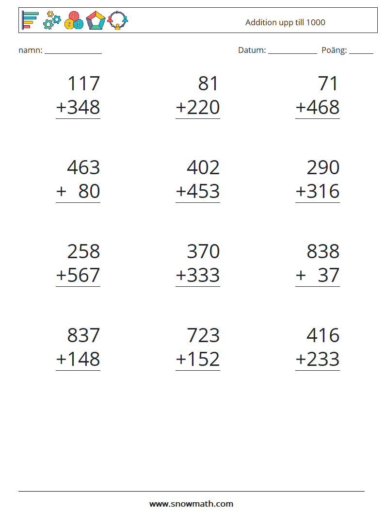 (12) Addition upp till 1000 Matematiska arbetsblad 5