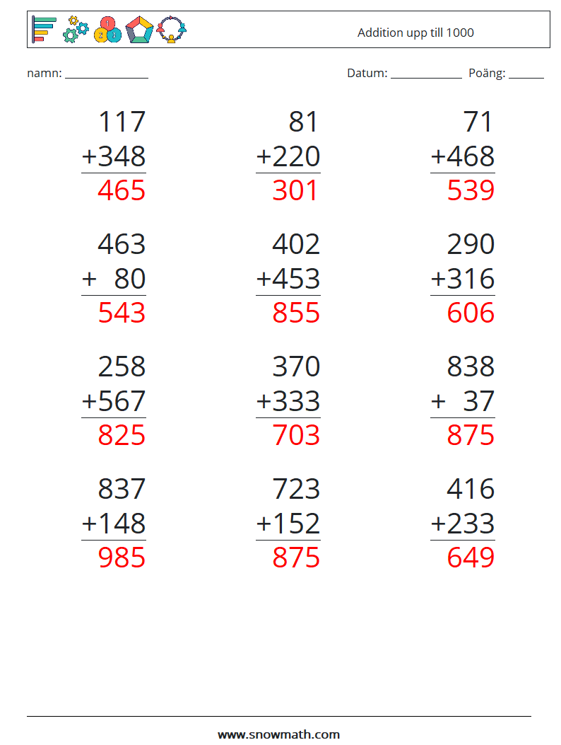 (12) Addition upp till 1000 Matematiska arbetsblad 5 Fråga, svar